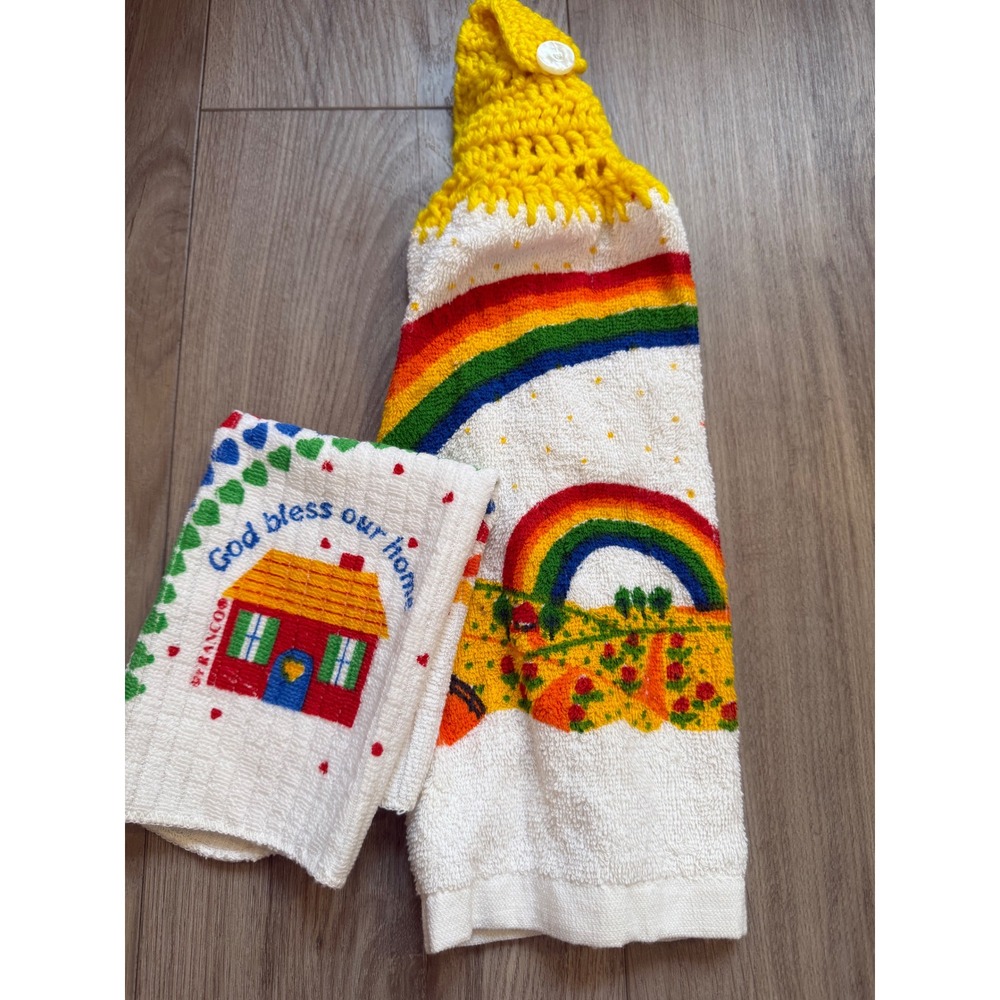 Vintage Franco Rainbow Kitchen Towel Set God Bless Our Home Crochet Hanging 2pc